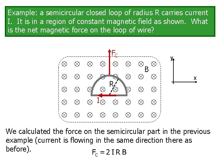 Example: a semicircular closed loop of radius R carries current I. It is in