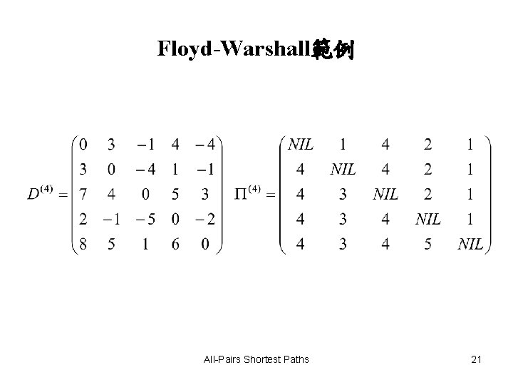 Floyd-Warshall範例 All-Pairs Shortest Paths 21 