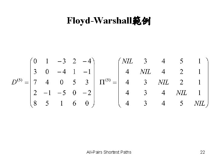 Floyd-Warshall範例 All-Pairs Shortest Paths 22 