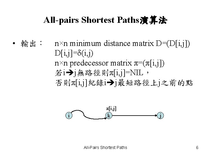 All-pairs Shortest Paths演算法 • 輸出： n×n minimum distance matrix D=(D[i, j]) D[i, j]=δ(i, j)