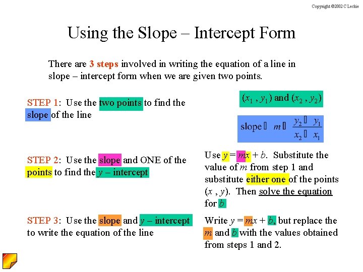 Using the Slope – Intercept Form There are 3 steps involved in writing the