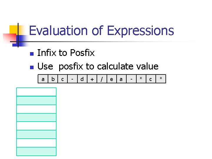 Evaluation of Expressions n n Infix to Posfix Use posfix to calculate value a