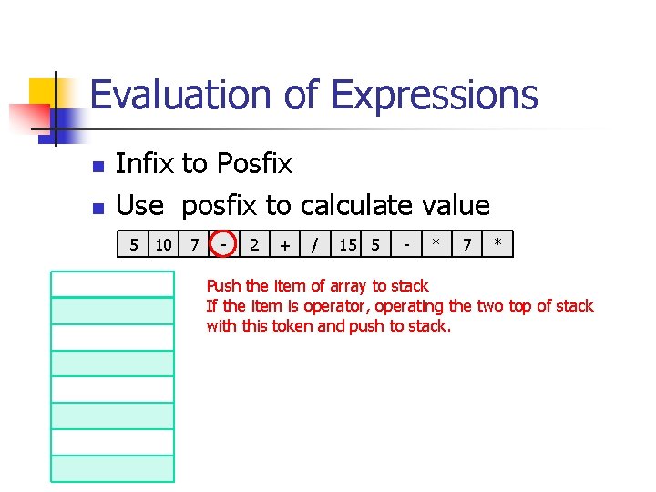 Evaluation of Expressions n n Infix to Posfix Use posfix to calculate value 5