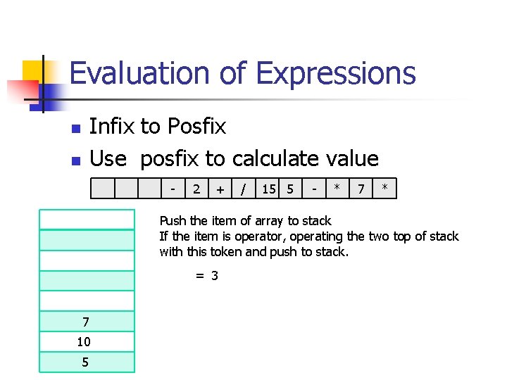 Evaluation of Expressions Infix to Posfix Use posfix to calculate value n n -