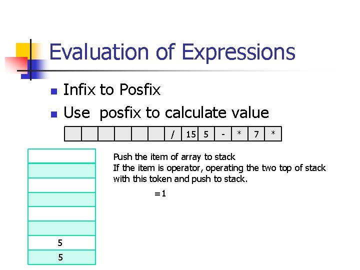 Evaluation of Expressions Infix to Posfix Use posfix to calculate value n n /