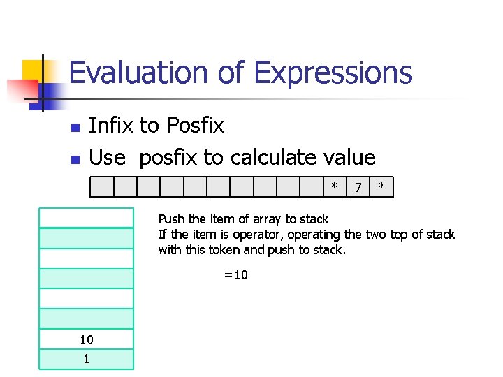 Evaluation of Expressions n n Infix to Posfix Use posfix to calculate value *