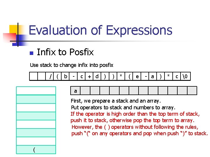 Evaluation of Expressions n Infix to Posfix Use stack to change infix into posfix