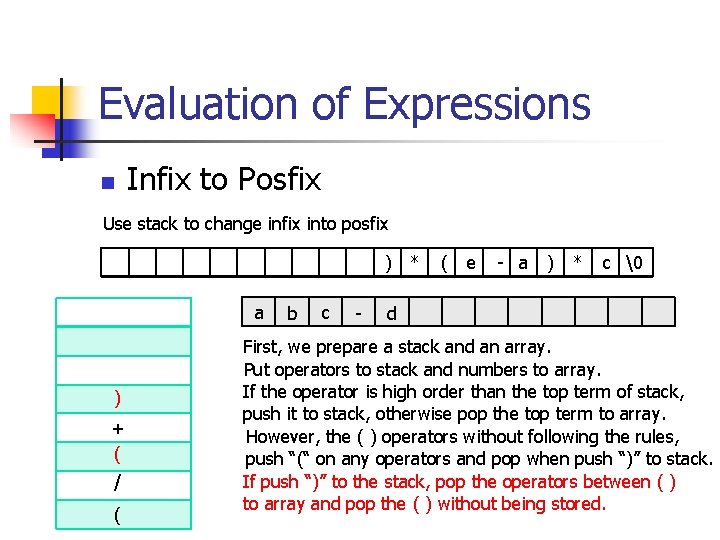 Evaluation of Expressions n Infix to Posfix Use stack to change infix into posfix