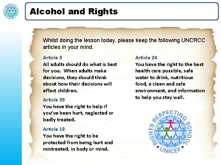 Alcohol and Rights Whilst doing the lesson today, please keep the following UNCRCC articles