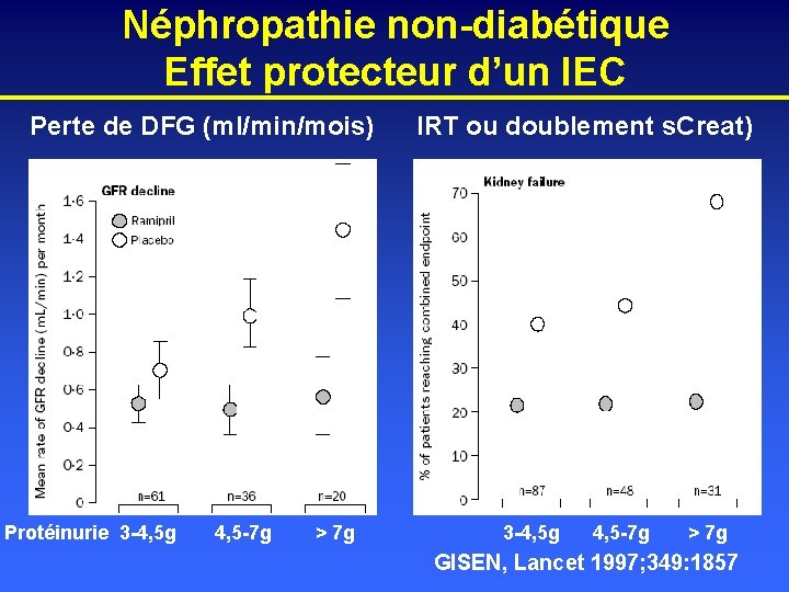 Néphropathie non-diabétique Effet protecteur d’un IEC Perte de DFG (ml/min/mois) Protéinurie 3 -4, 5
