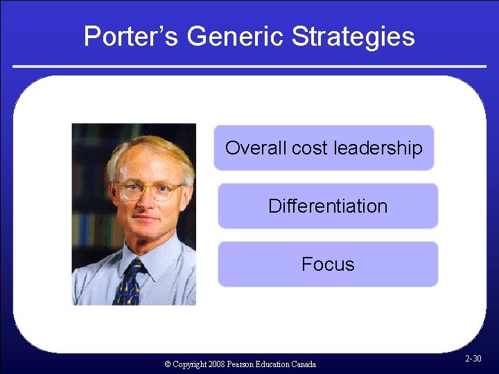 Porter’s Generic Strategies Overall cost leadership Differentiation Focus © Copyright 2008 Pearson Education Canada Porter’s Generic Strategies Overall cost leadership Differentiation Focus © Copyright 2008 Pearson Education Canada