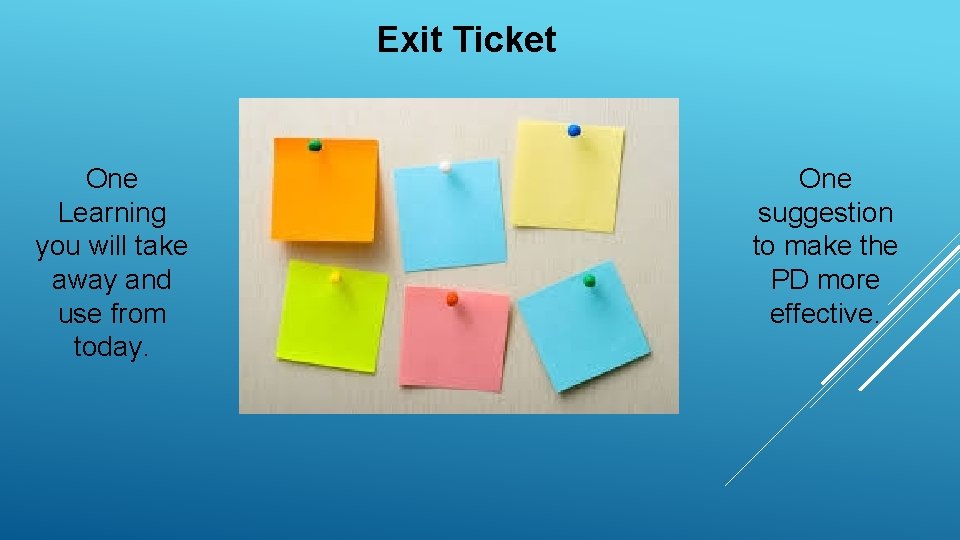 Exit Ticket One Learning you will take away and use from today. One suggestion