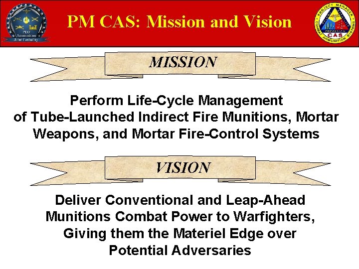 PM CAS: Mission and Vision MISSION Perform Life-Cycle Management of Tube-Launched Indirect Fire Munitions,