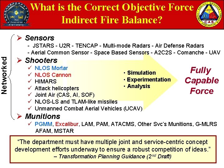 Networked What is the Correct Objective Force Indirect Fire Balance? Ø Sensors - JSTARS