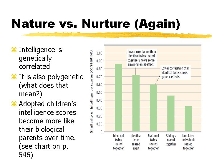 Nature vs. Nurture (Again) z Intelligence is genetically correlated z It is also polygenetic