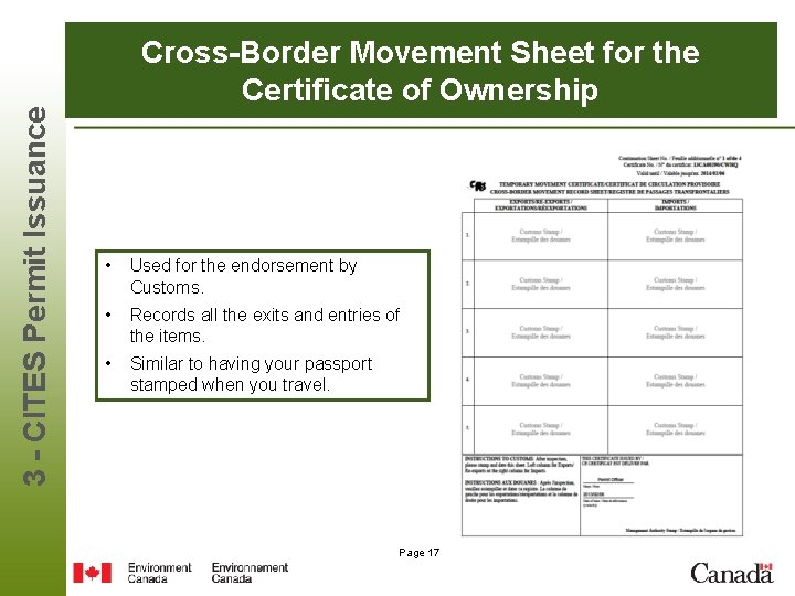 3 - CITES Permit Issuance Cross-Border Movement Sheet for the Certificate of Ownership •