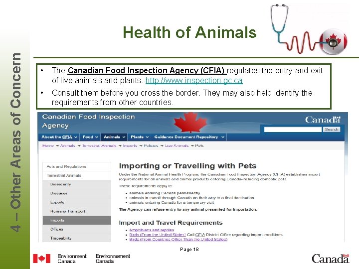 4 – Other Areas of Concern Health of Animals • The Canadian Food Inspection