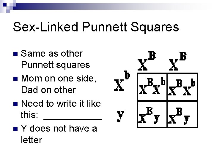 Sex-Linked Punnett Squares Same as other Punnett squares n Mom on one side, Dad
