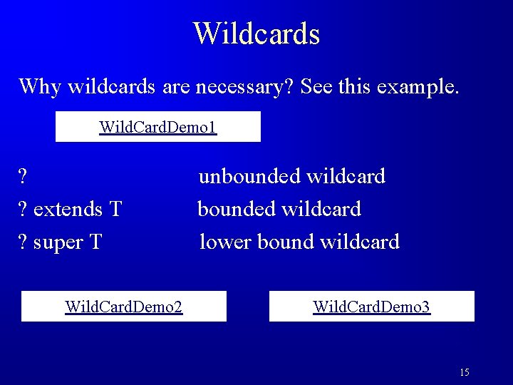 Wildcards Why wildcards are necessary? See this example. Wild. Card. Demo 1 ? unbounded