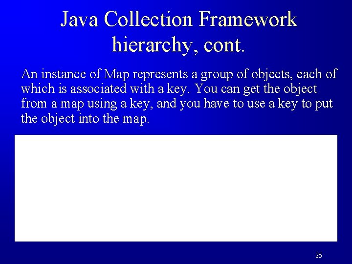 Java Collection Framework hierarchy, cont. An instance of Map represents a group of objects,