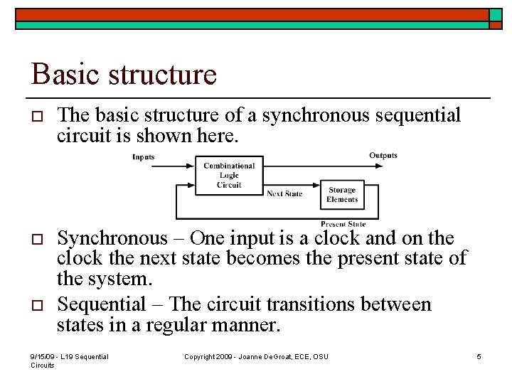 Basic structure o The basic structure of a synchronous sequential circuit is shown here.