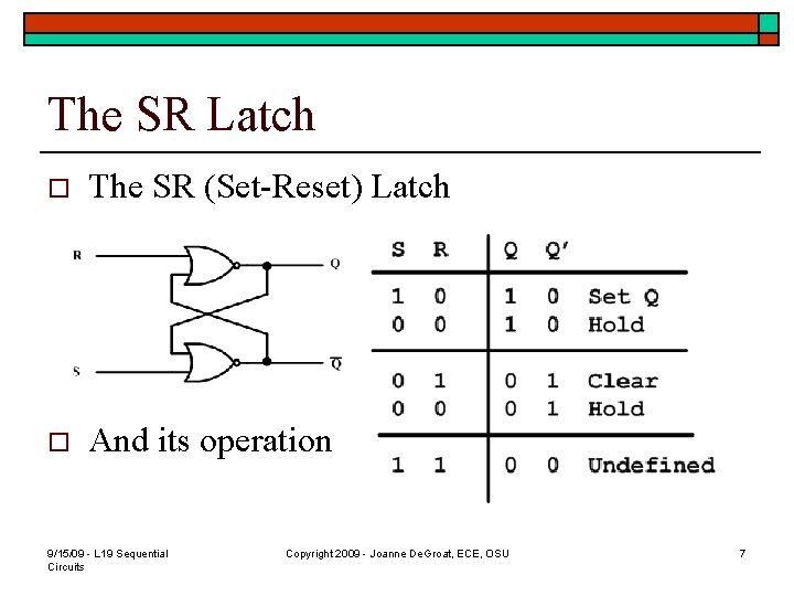 The SR Latch o The SR (Set-Reset) Latch o And its operation 9/15/09 -