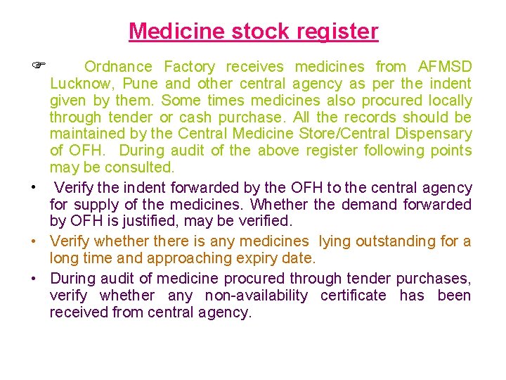 Medicine stock register F Ordnance Factory receives medicines from AFMSD Lucknow, Pune and other