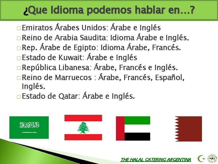 ¿Que Idioma podemos hablar en…? � Emiratos Árabes Unidos: Árabe e Inglés � Reino