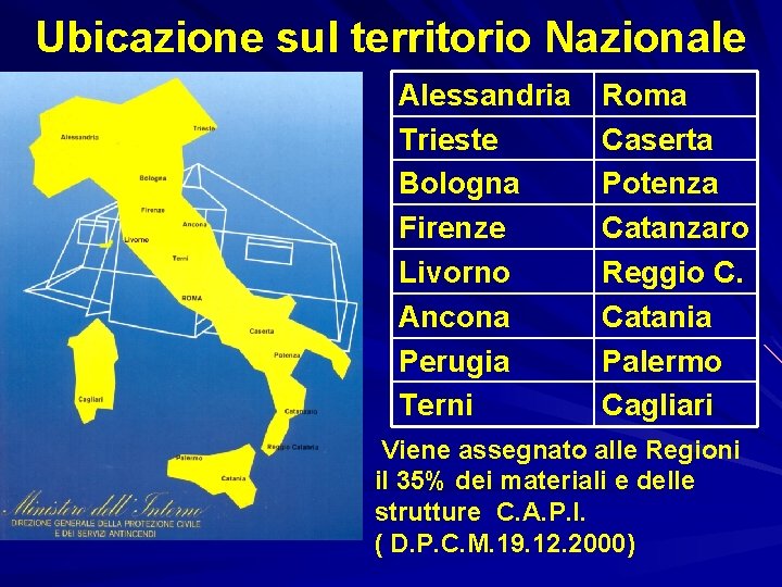 Ubicazione sul territorio Nazionale Alessandria Trieste Bologna Firenze Livorno Ancona Perugia Terni Roma Caserta