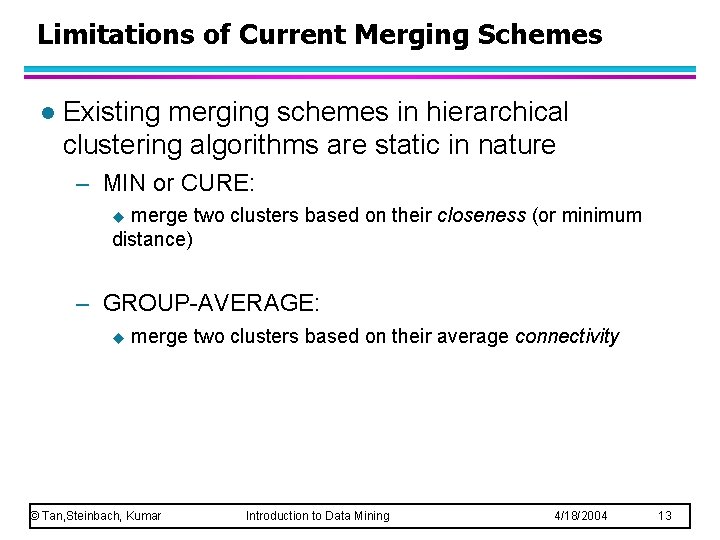 Limitations of Current Merging Schemes l Existing merging schemes in hierarchical clustering algorithms are