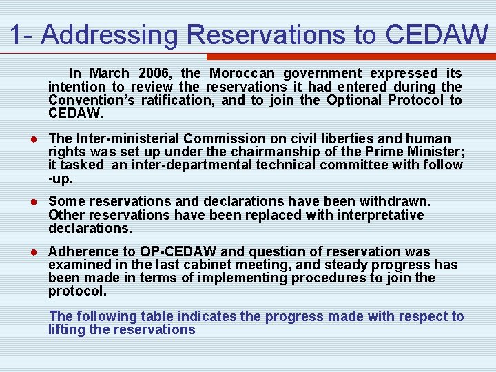 1 - Addressing Reservations to CEDAW In March 2006, the Moroccan government expressed its