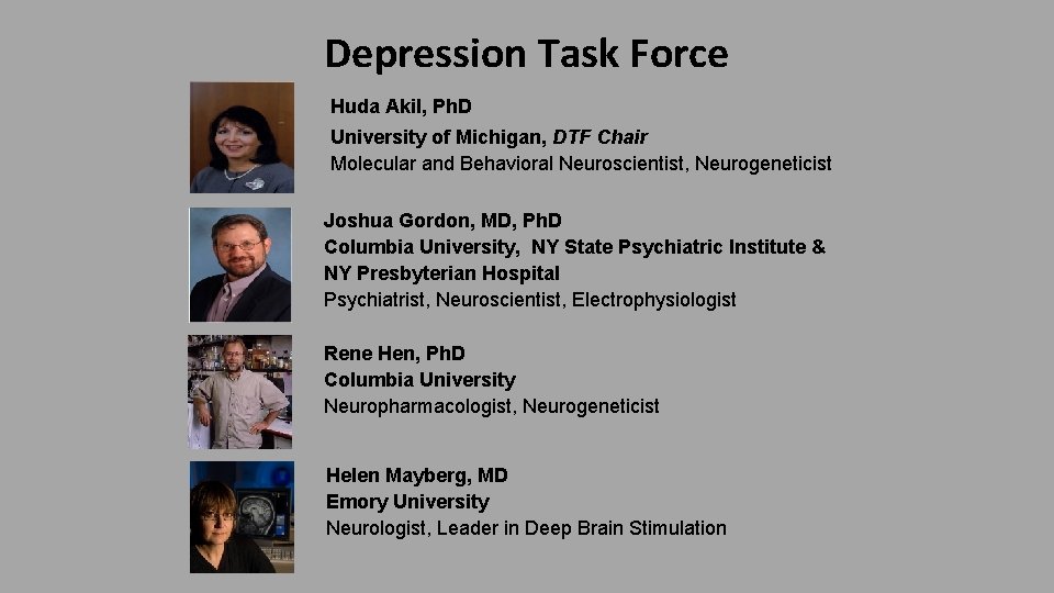 Depression Task Force Huda Akil, Ph. D University of Michigan, DTF Chair Molecular and