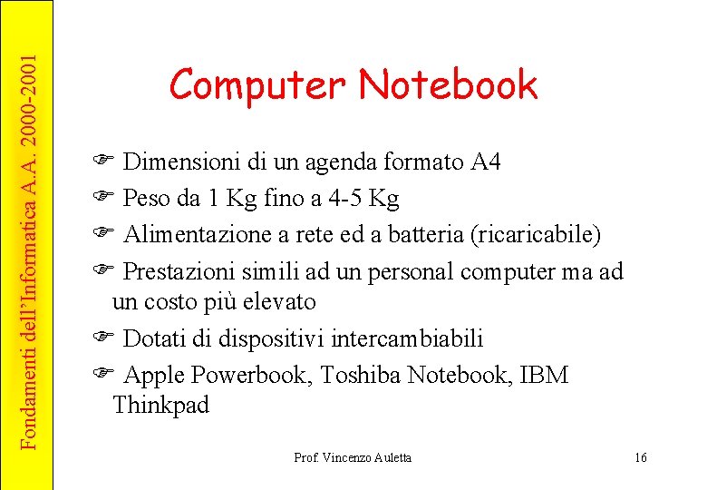 Fondamenti dell’Informatica A. A. 2000 -2001 Computer Notebook F Dimensioni di un agenda formato