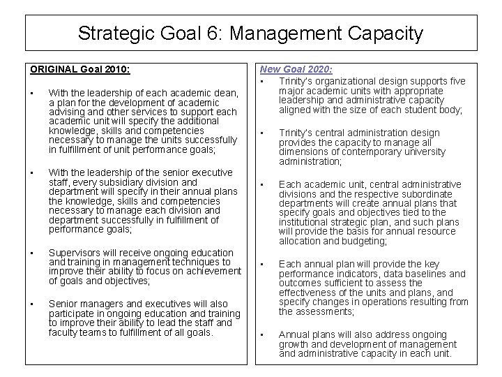 Strategic Goal 6: Management Capacity ORIGINAL Goal 2010: • • With the leadership of