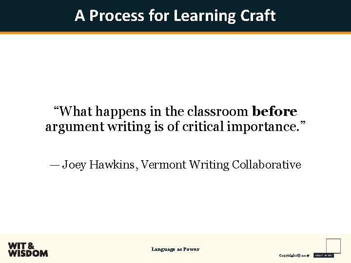 A Process for Learning Craft “What happens in the classroom before argument writing is