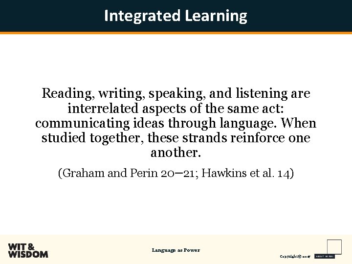 Integrated Learning Reading, writing, speaking, and listening are interrelated aspects of the same act: