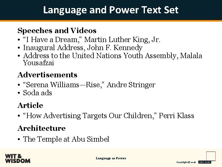 Language and Power Text Set Speeches and Videos • “I Have a Dream, ”