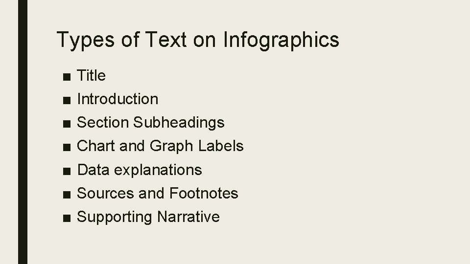 Types of Text on Infographics ■ ■ ■ ■ Title Introduction Section Subheadings Chart