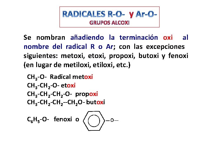 y GRUPOS ALCOXI Se nombran añadiendo la terminación oxi al nombre del radical R