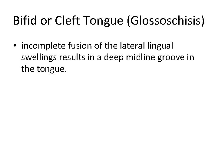 Bifid or Cleft Tongue (Glossoschisis) • incomplete fusion of the lateral lingual swellings results