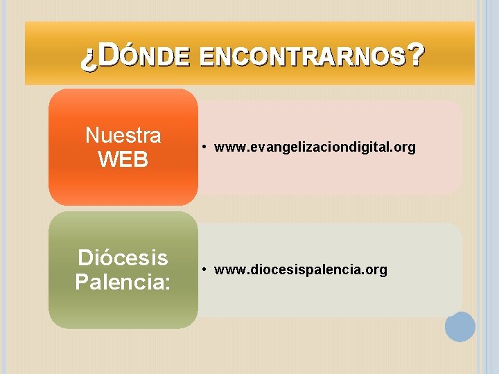 ¿DÓNDE ENCONTRARNOS? Nuestra WEB Diócesis Palencia: • www. evangelizaciondigital. org • www. diocesispalencia. org