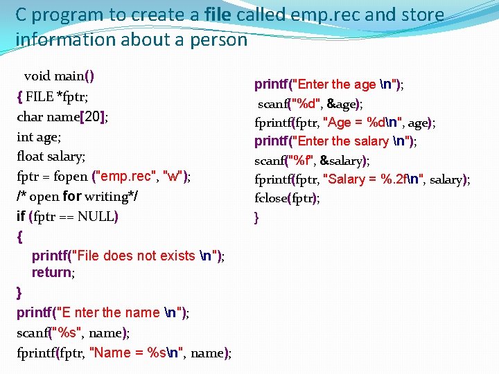 C program to create a file called emp. rec and store information about a