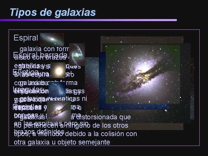 Tipos de galaxias Espiral galaxia con forma de Espiral barrada disco con brazos de