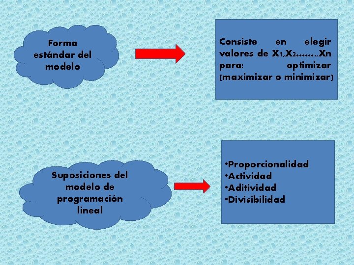 Forma estándar del modelo Suposiciones del modelo de programación lineal Consiste en elegir valores