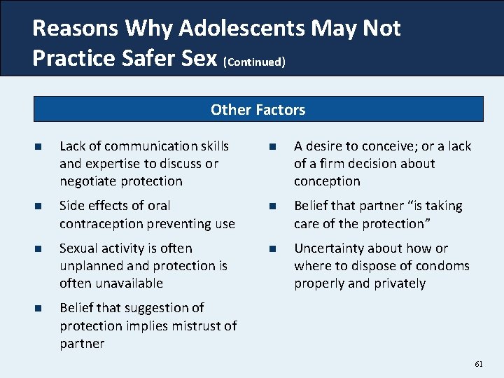 Reasons Why Adolescents May Not Practice Safer Sex (Continued) Other Factors n Lack of