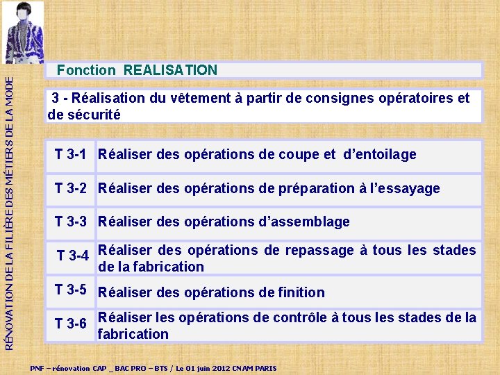 RÉNOVATION DE LA FILIÈRE DES MÉTIERS DE LA MODE Fonction REALISATION 3 - Réalisation