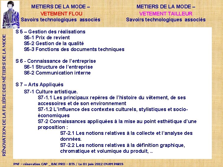 RÉNOVATION DE LA FILIÈRE DES MÉTIERS DE LA MODE METIERS DE LA MODE –