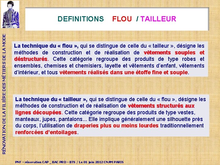 RÉNOVATION DE LA FILIÈRE DES MÉTIERS DE LA MODE DEFINITIONS FLOU / TAILLEUR La