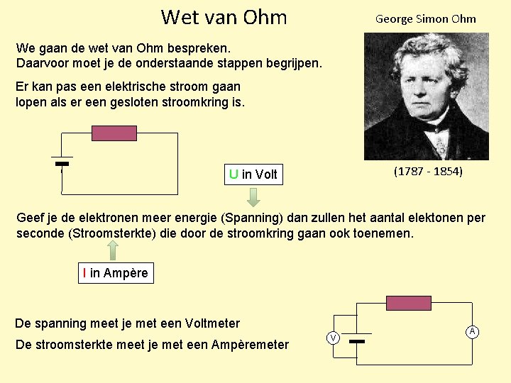 Wet van Ohm George Simon Ohm We gaan de wet van Ohm bespreken. Daarvoor