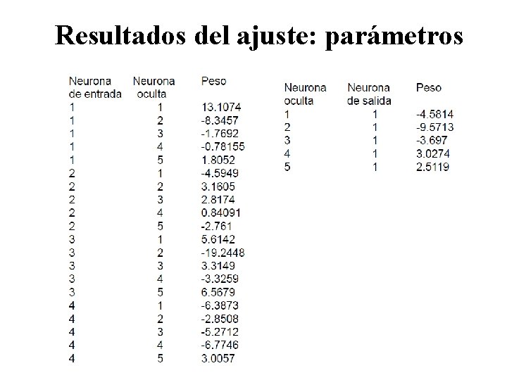 Resultados del ajuste: parámetros 